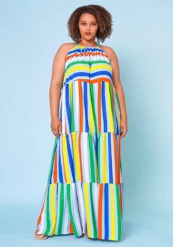 Plus Size Multi Stripe Halter Neck Flare Maxi Dress