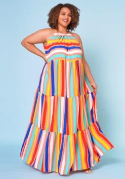 Plus Size Multi Stripe Halter Neck Flare Maxi Dress