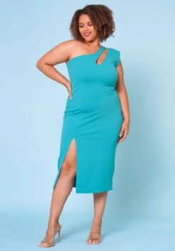 Plus Size Asymmetric One Sleeve Cocktail Midi Dress