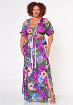 Plus Size Tie Front Surplice Top & Maxi Skirt Set