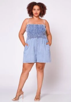 Plus Size Denim Smocked Romper
